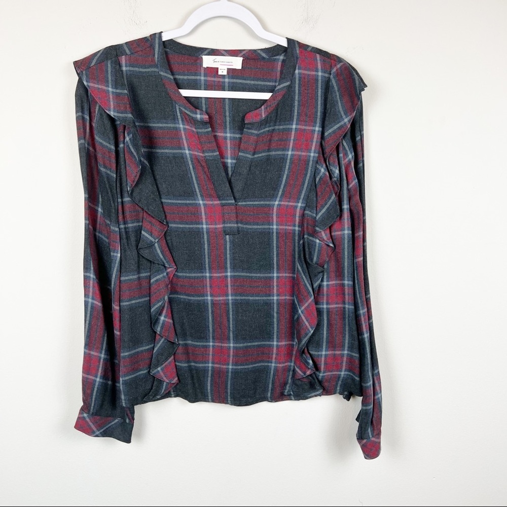 Two by Vince Camuto Plaid Long‎ Sleeve Top With Ruffle Detail